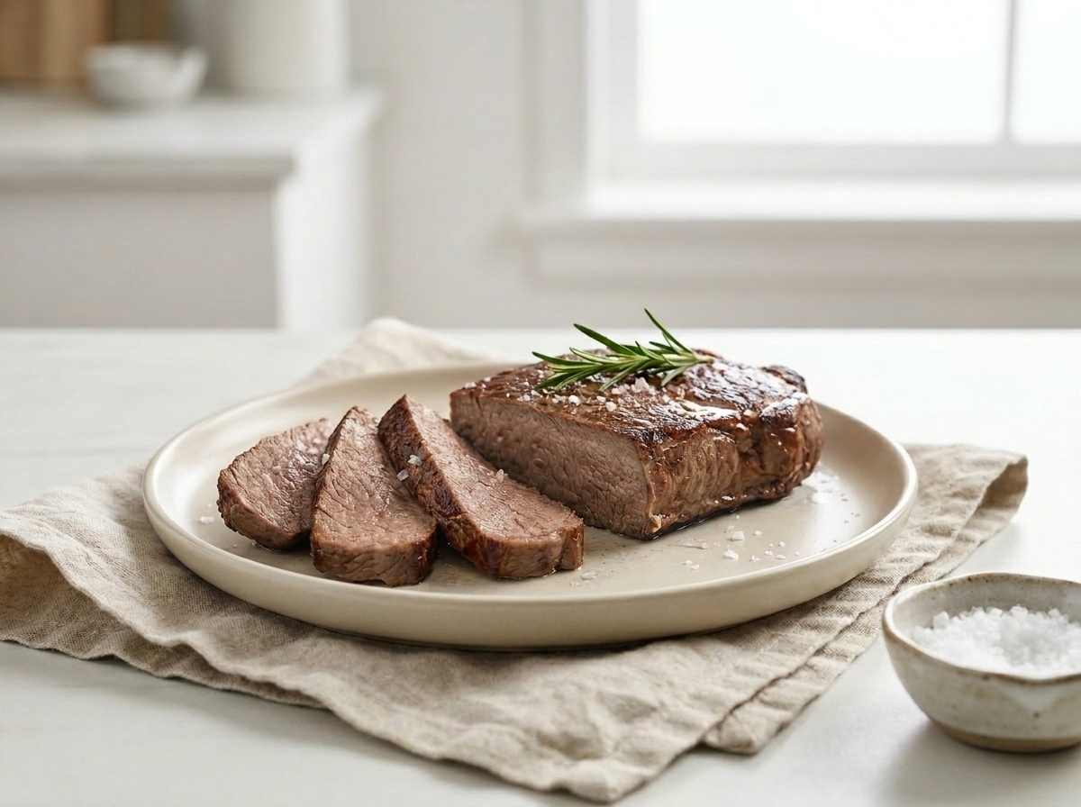 Steak ohne Vakuumgaren: grau durchgebraten, trocken