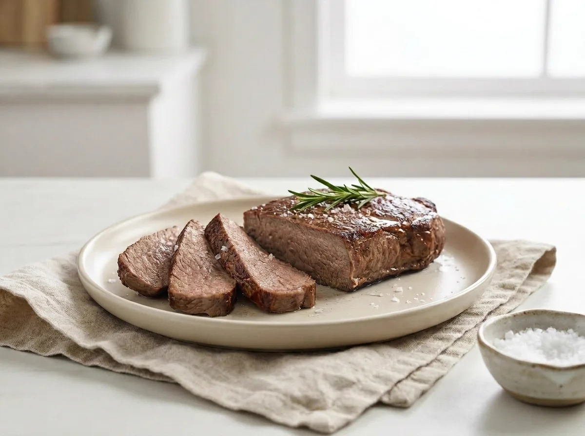 Steak ohne Vakuumgaren: grau durchgebraten, trocken