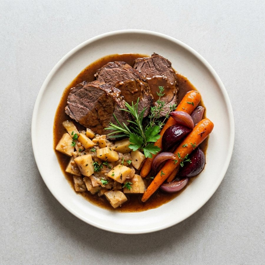 Rinderbraten in Schmorsauce mit Pastinakenragout