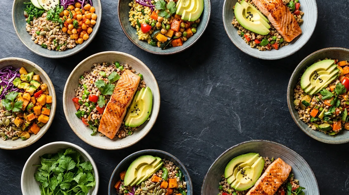 Gesunde, frisch zubereitete Bowls mit Lachs, Avocado und Gemüse – ready to eat