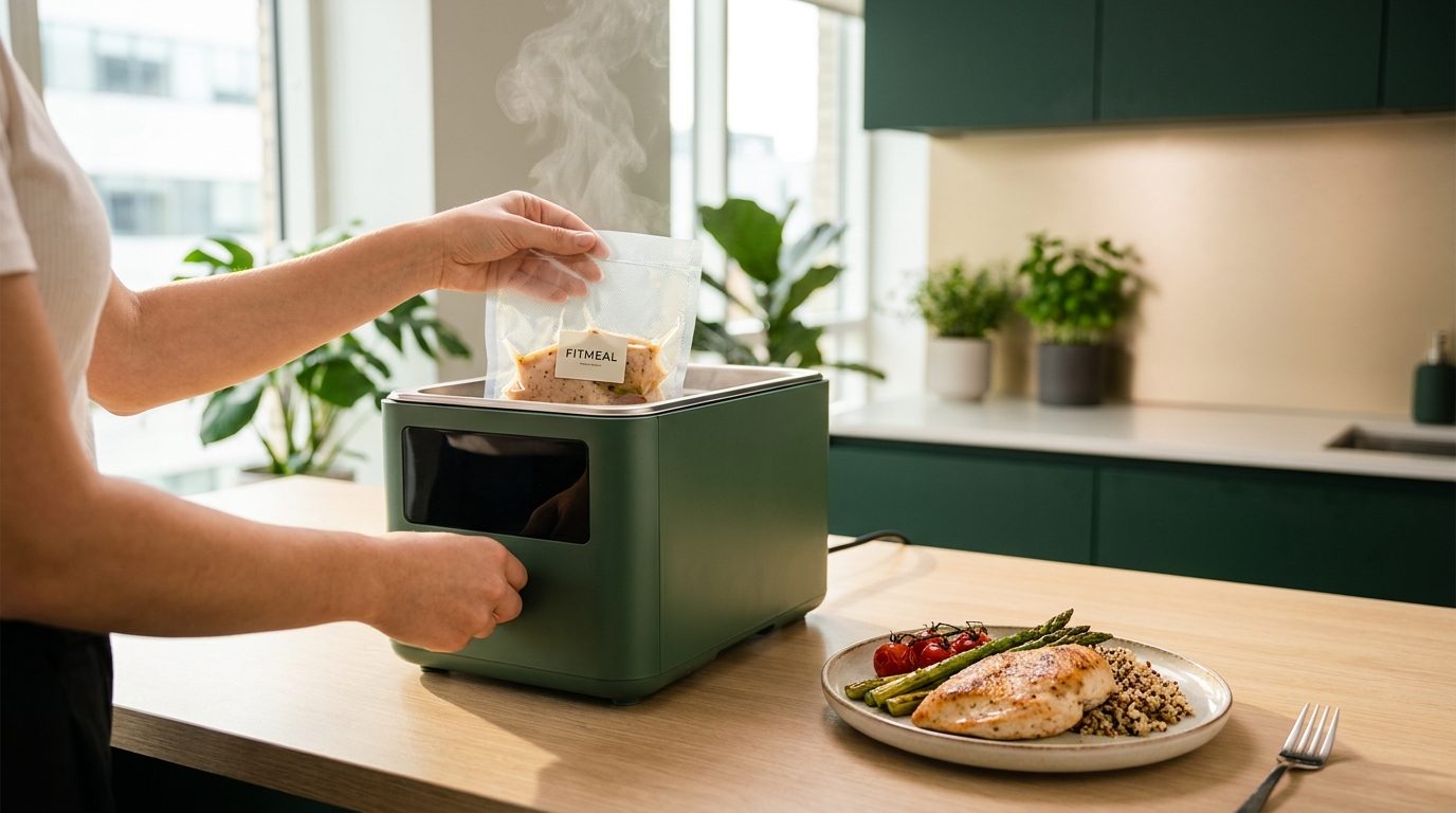 Fitmeal-Beutel wird ins Wasserbad gelegt, fertiges Gericht daneben