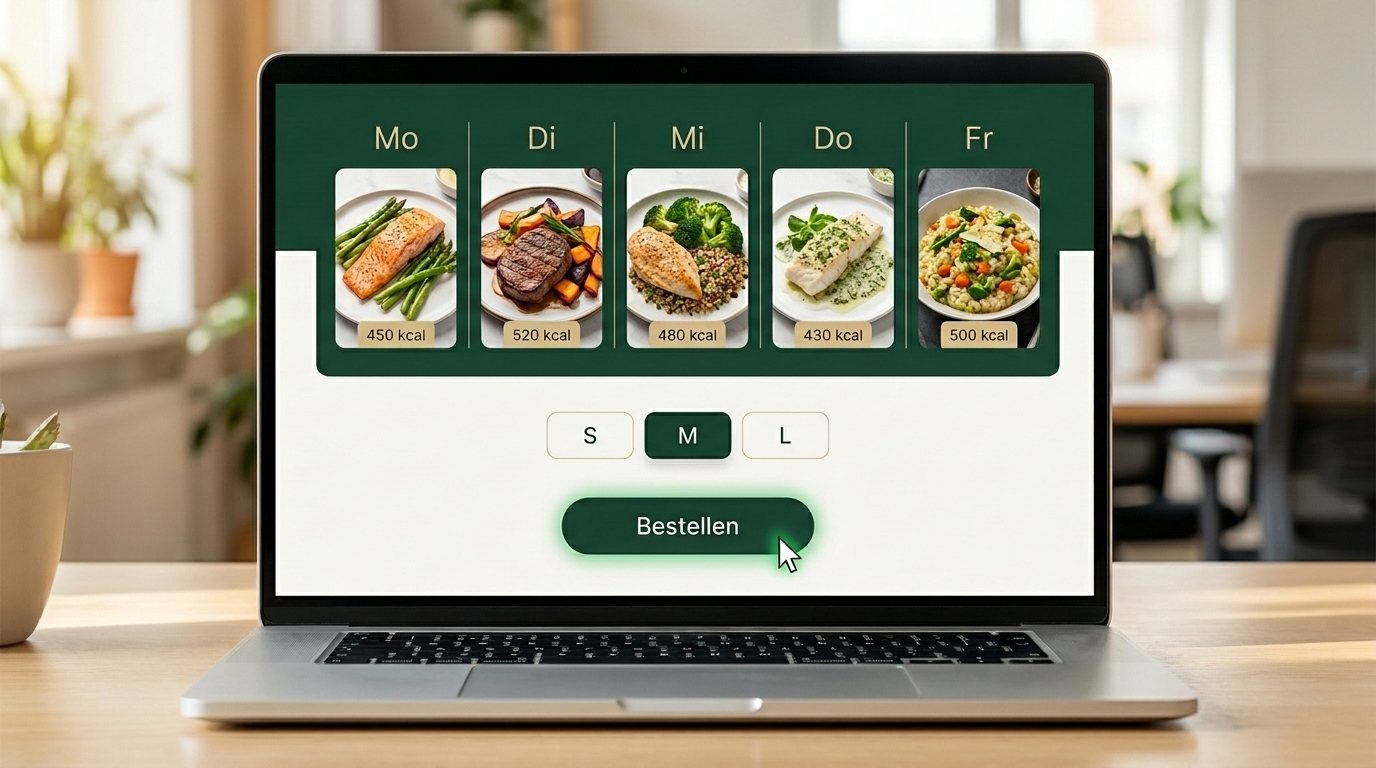 Bestellsystem mit Wochenkalender Montag bis Freitag, Gerichten und Bestellen-Button