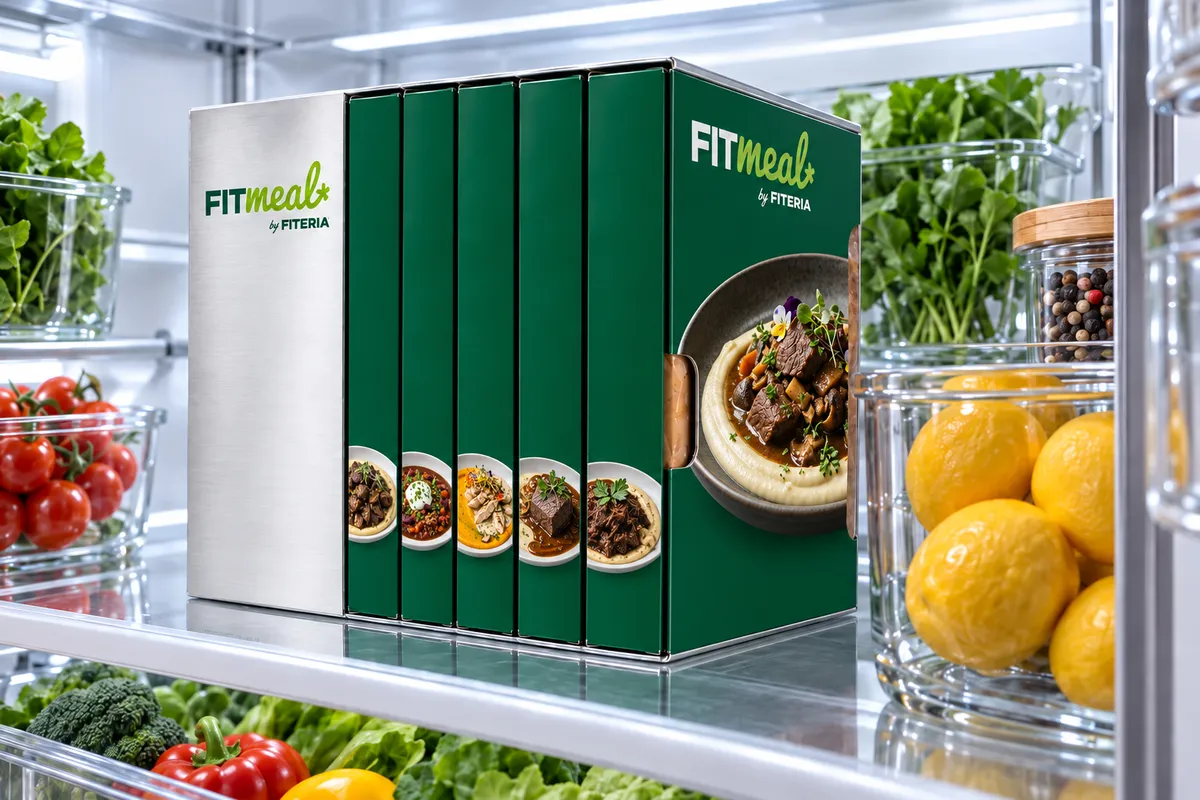 Fünf FITmeal-Hüllen von Montag bis Freitag nebeneinander im Kühlschrank