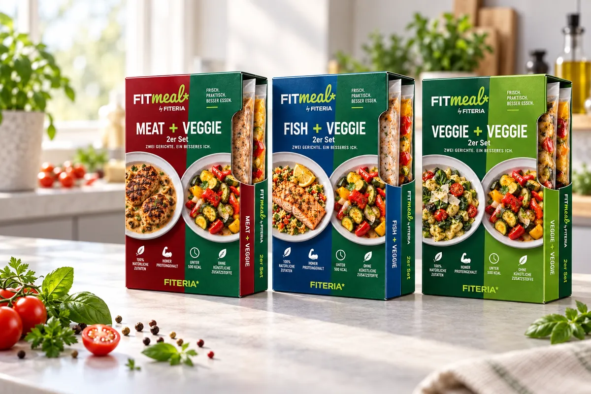 Die drei FITmeal-Varianten Meat + Veggie, Fish + Veggie und Veggie + Veggie in ihren Hüllen auf der Küchenarbeitsplatte