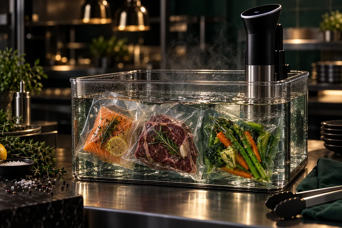 Sous-vide-Wasserbad mit vakuumierten Beuteln