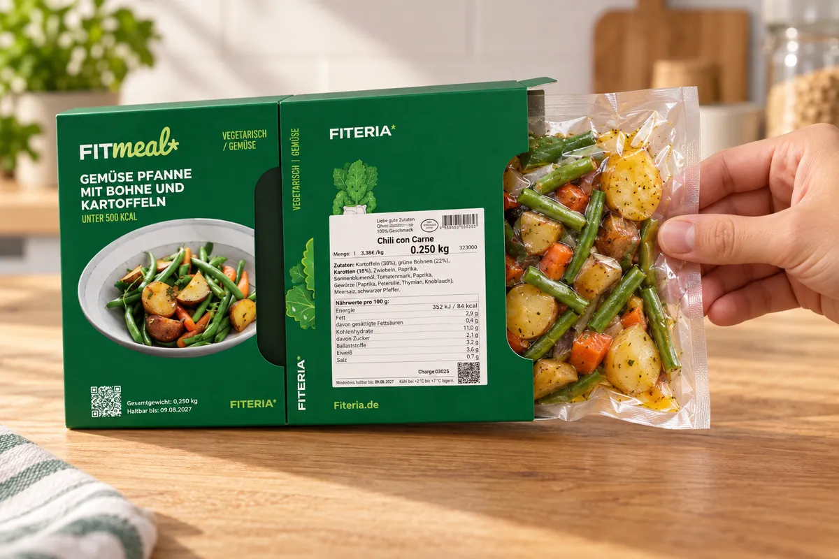 FITmeal-Hülle, aus der rechts ein vakuumierter Beutel mit Gemüsepfanne gezogen wird